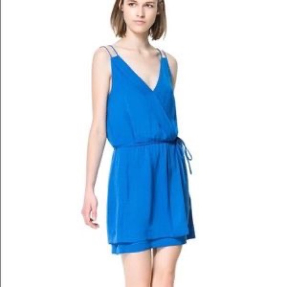 Zara Basic Blue Polka Dot Crossover Wrap Dress - image 1
